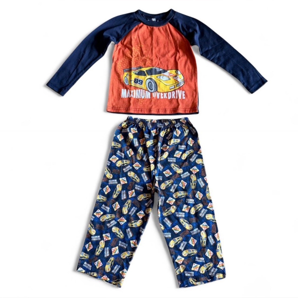 Faded Glory Race Car Pajama Set 2pc Raglan 4T Navy Orange
